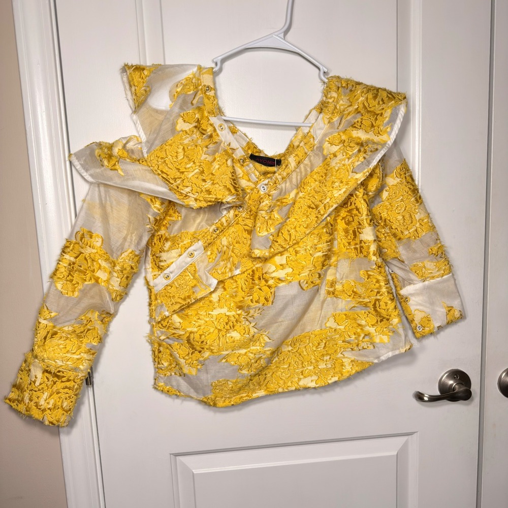 Ayomis Yellow Floral Ruffle Blouse Textured Eyelash Jacquard Avant Garde Top M